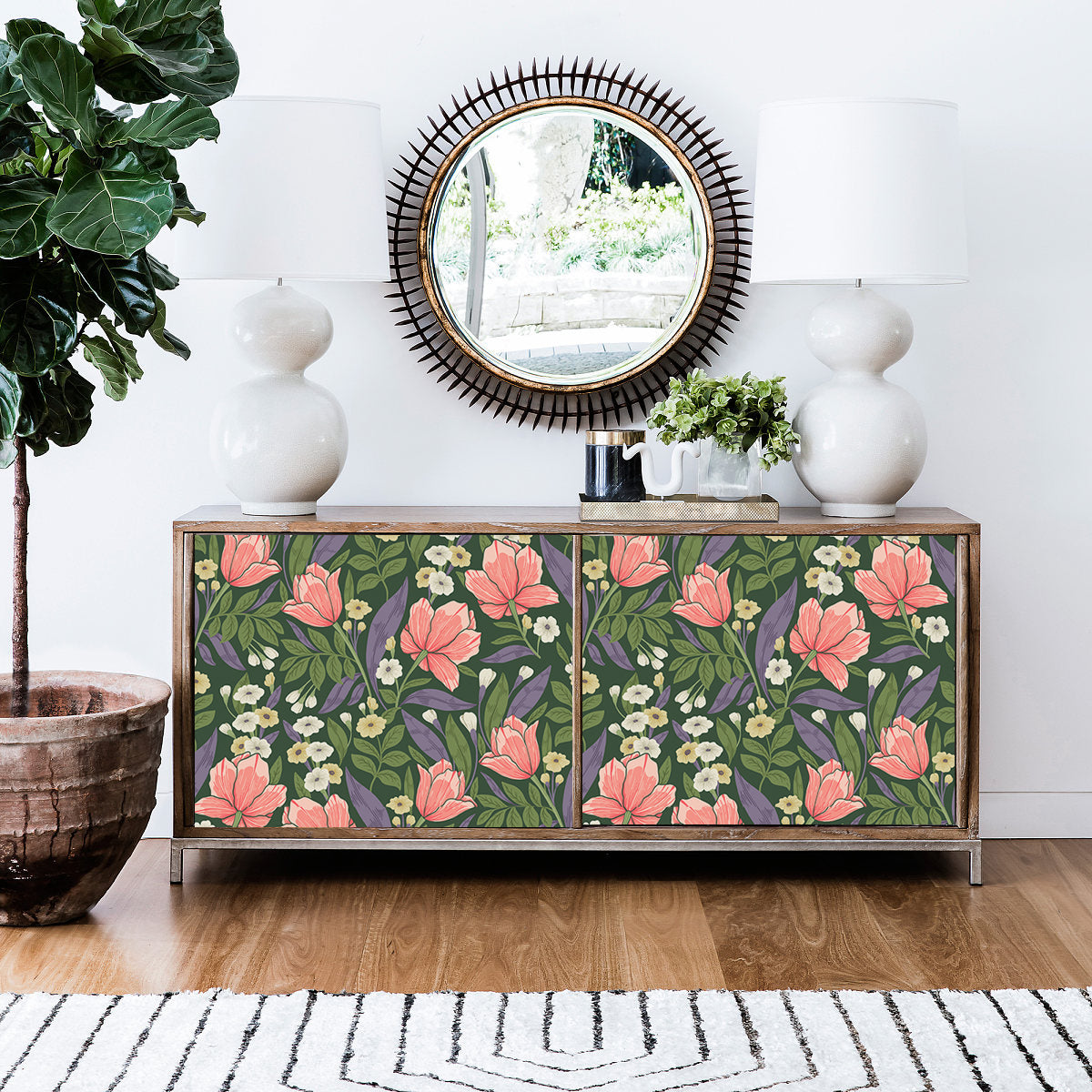 HaokHome Dark Green Coral Tulip Botanical Removable Self‑Adhesive Wall Covering, Moody Floral Peel and Stick Wallpaper