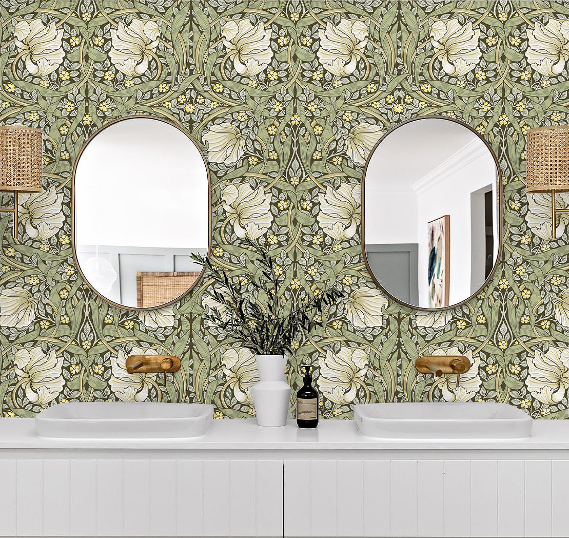 HaokHome Vintage Floral Wallpaper Peel and Stick Botanical Sage Green/Yellow Wall Murals Home Kitchen Bedroom Decor by William Morris
