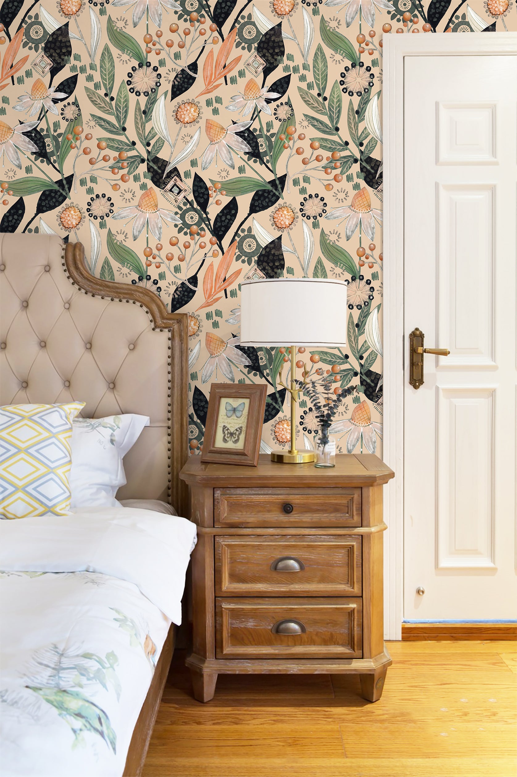 HaokHome Wallpaper Peel and Stick Botanical Floral Beige/Green/Orange Retro Wall Decor Removable Mural for Bedroom & Living Room