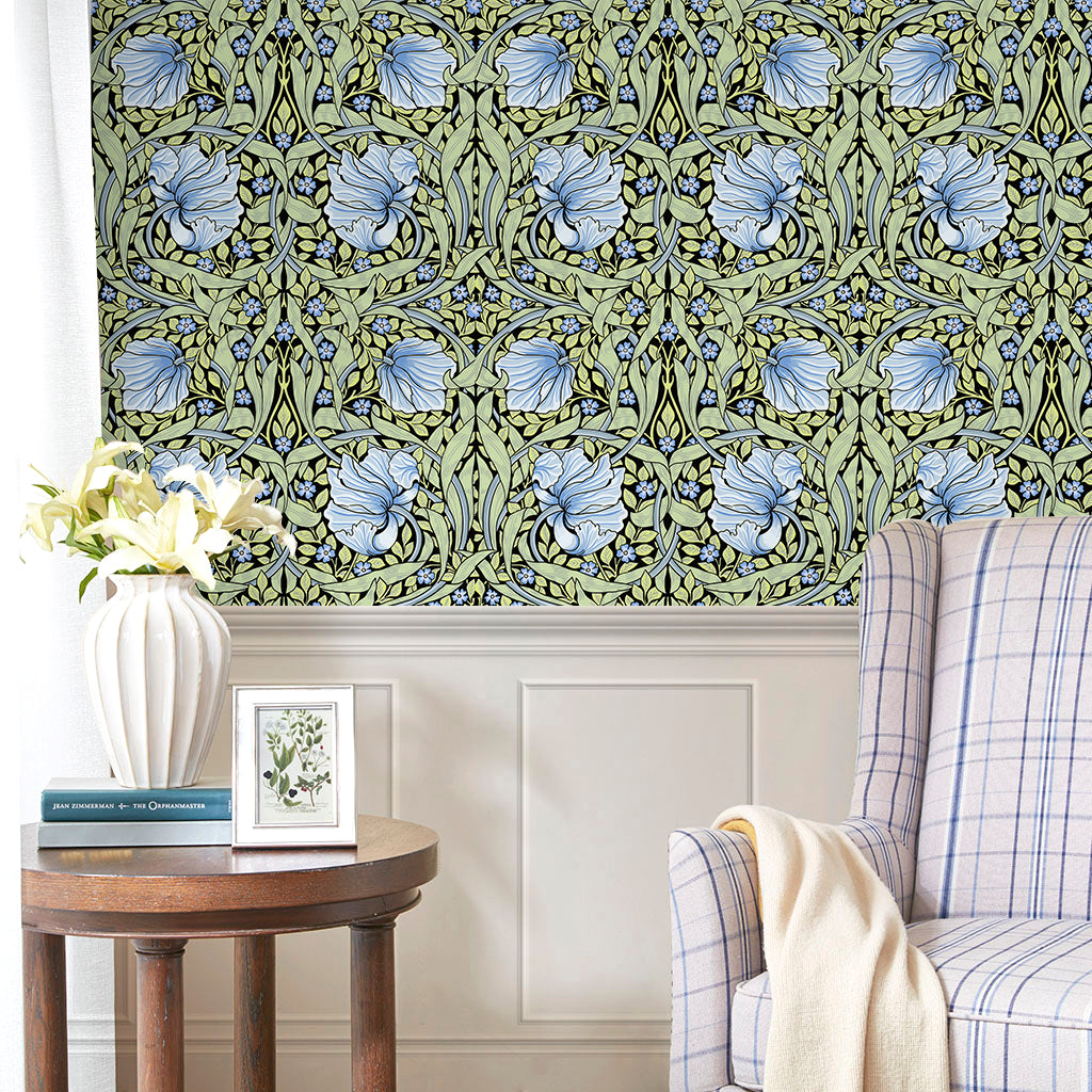 HaokHome Vintage Wallpaper Peel and Stick Floral Vine Green/Blue/Black Wall Murals Home Kitchen Bedroom Decor by William Morris