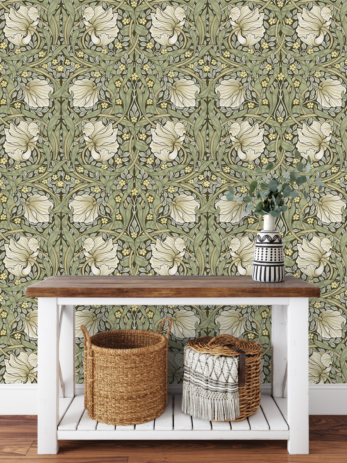 HaokHome Vintage Floral Wallpaper Peel and Stick Botanical Sage Green/Yellow Wall Murals Home Kitchen Bedroom Decor by William Morris