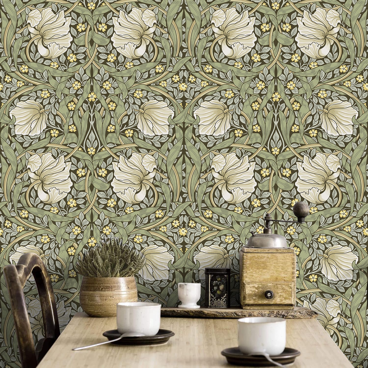 HaokHome Vintage Floral Wallpaper Peel and Stick Botanical Sage Green/Yellow Wall Murals Home Kitchen Bedroom Decor by William Morris