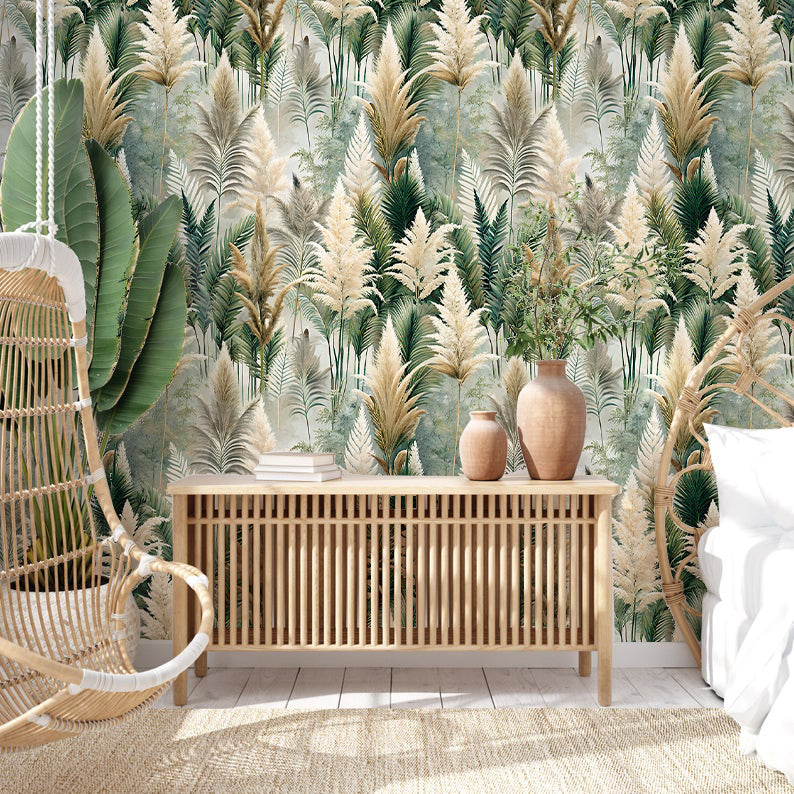HaokHome Elegant Tropical Plants and Reed Wallpaper Natural Artistic Home Decor