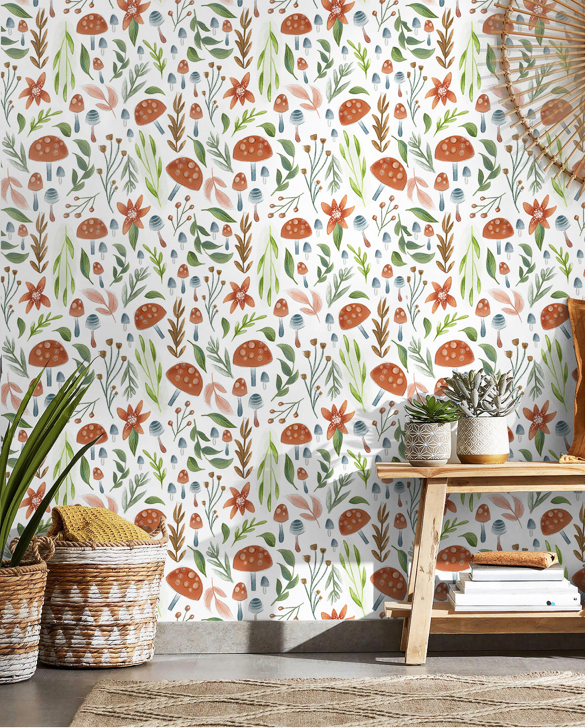 watercolor mushroom peel and stick wallpaper、whimsical forest botanical wallpaper、nursery mushroom removable wallpaper、boho woodland peel and stick wallpaper