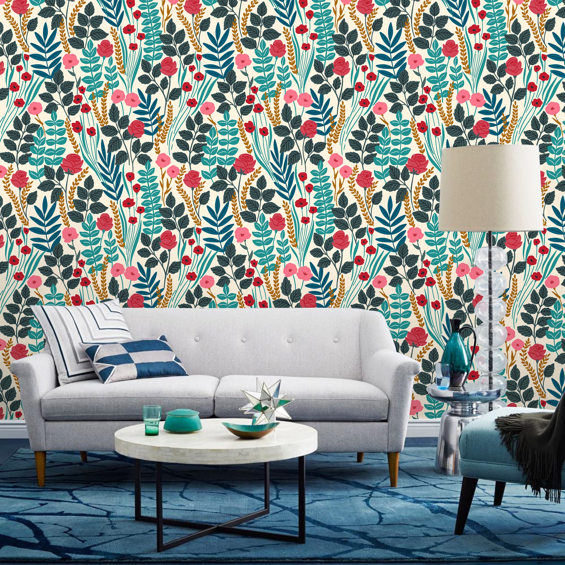 HaokHome Wallpaper Peel and Stick Floral Botanical Design Bright Modern Wall Decor for Living Room, Bedroom, or Nursery