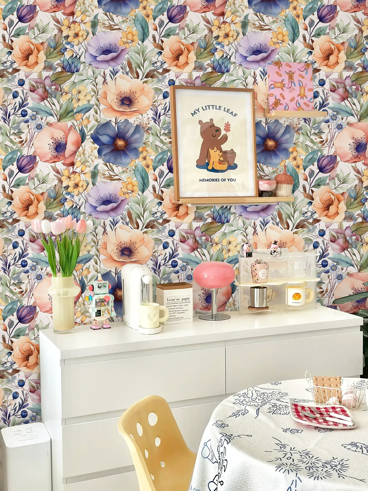 HaokHome Vintage Watercolor Mixed Large Floral Removable Wall Covering