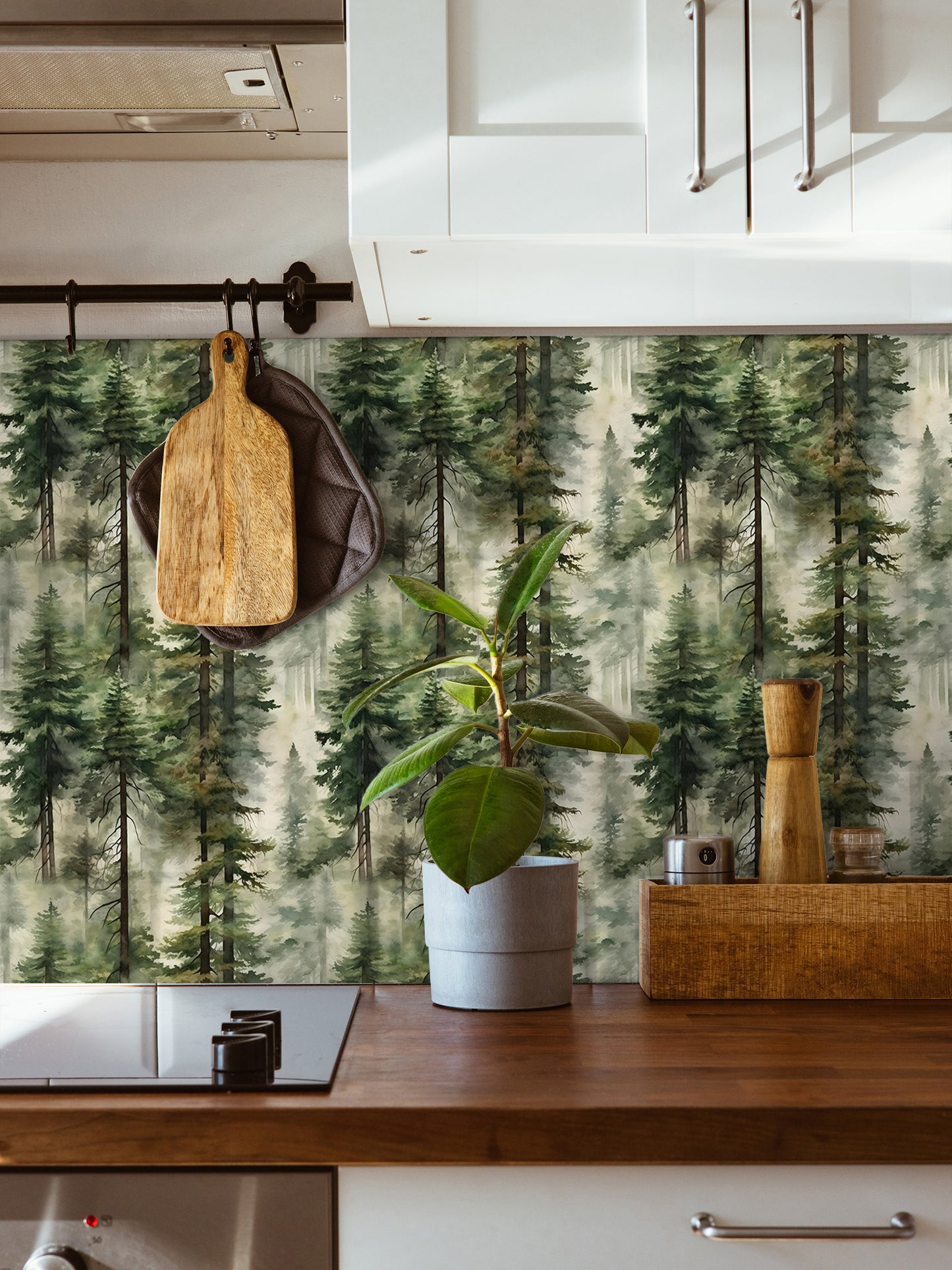 HaokHome Misty Forest Peel and Stick Wallpaper Tree Wall Paper Removable for Bedroom Green Contact Paper