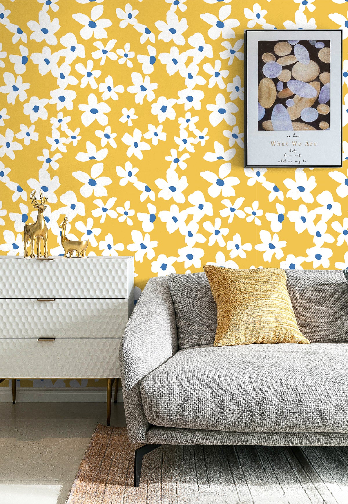 Mustard Daisy Floral Wall Mural – Retro Cottage Wallpaper