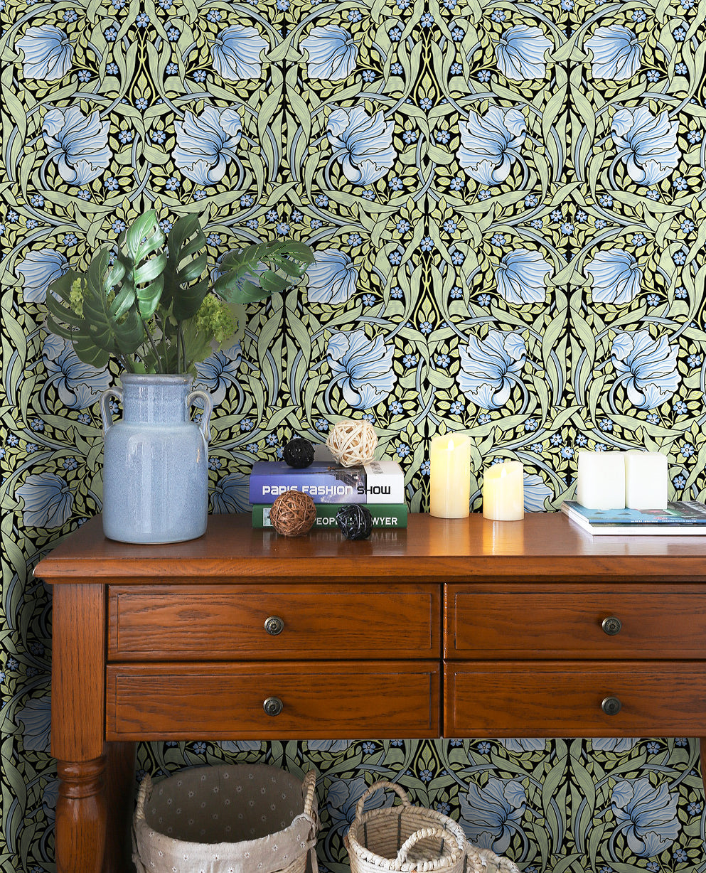 HaokHome Vintage Wallpaper Peel and Stick Floral Vine Green/Blue/Black Wall Murals Home Kitchen Bedroom Decor by William Morris