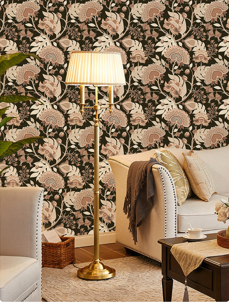 HaokHome Vintage Exotic Floral Peel and Stick Wallpaper – Neutral Beige Flowers on Dark Black Background