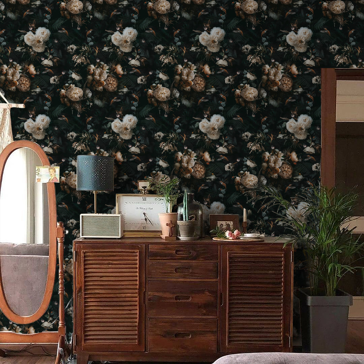 HaokHome PHaokHome Dark Moody Botanical Removable Self‑Adhesive Wall Covering, Vintage Peony Hummingbird Butterfly Peel and Stick Wallpapereel and Stick Boho Wallpaper Removable Vintage Black Floral Contact Paper for Cabinet Accent Wall