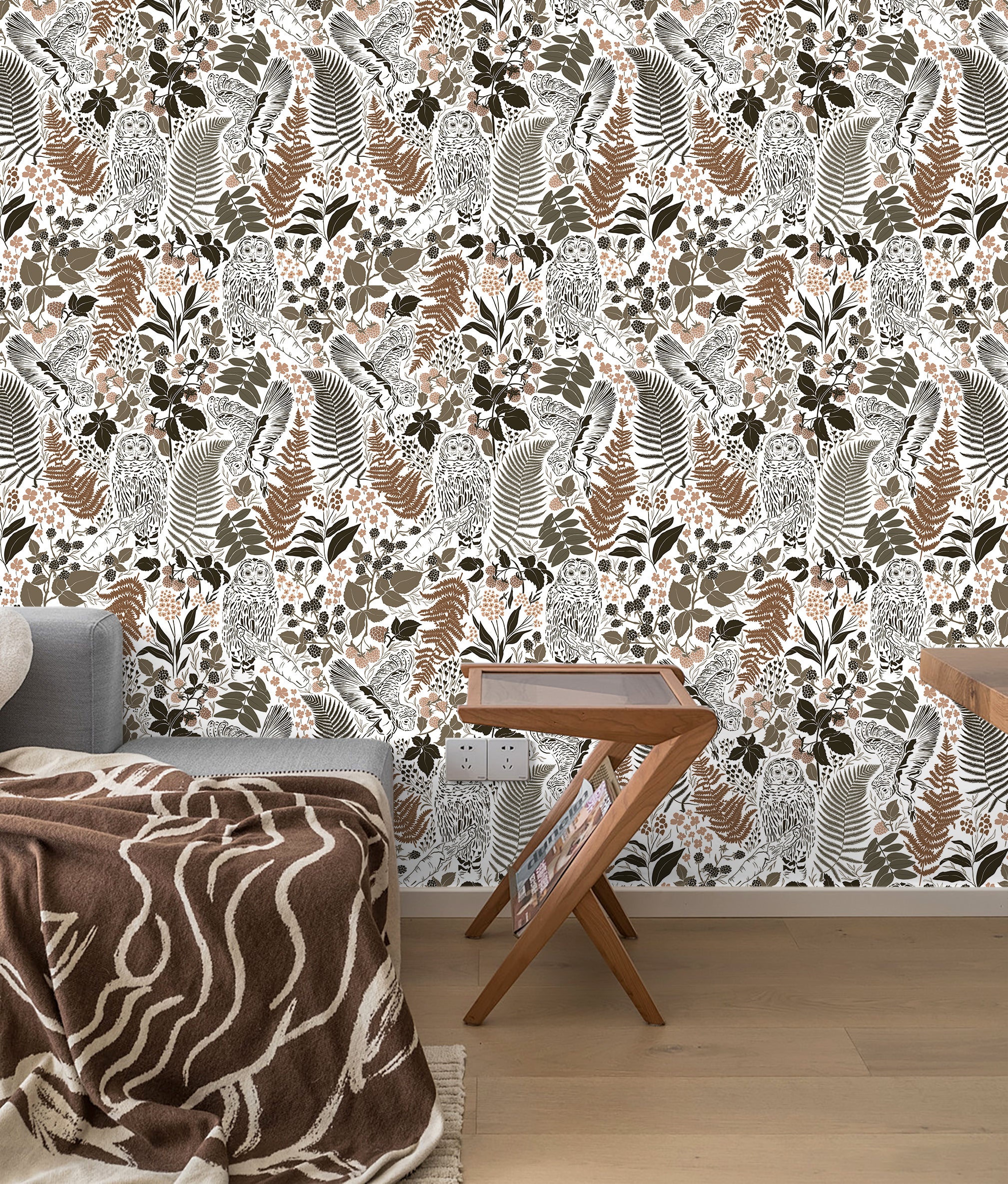 HaokHome Owls Peel & Stick Wallpaper Boho Removable Wall Paper Brown/Charcoal/White Tropical Textured Stick on Contact Paper for Bathroom Decoration