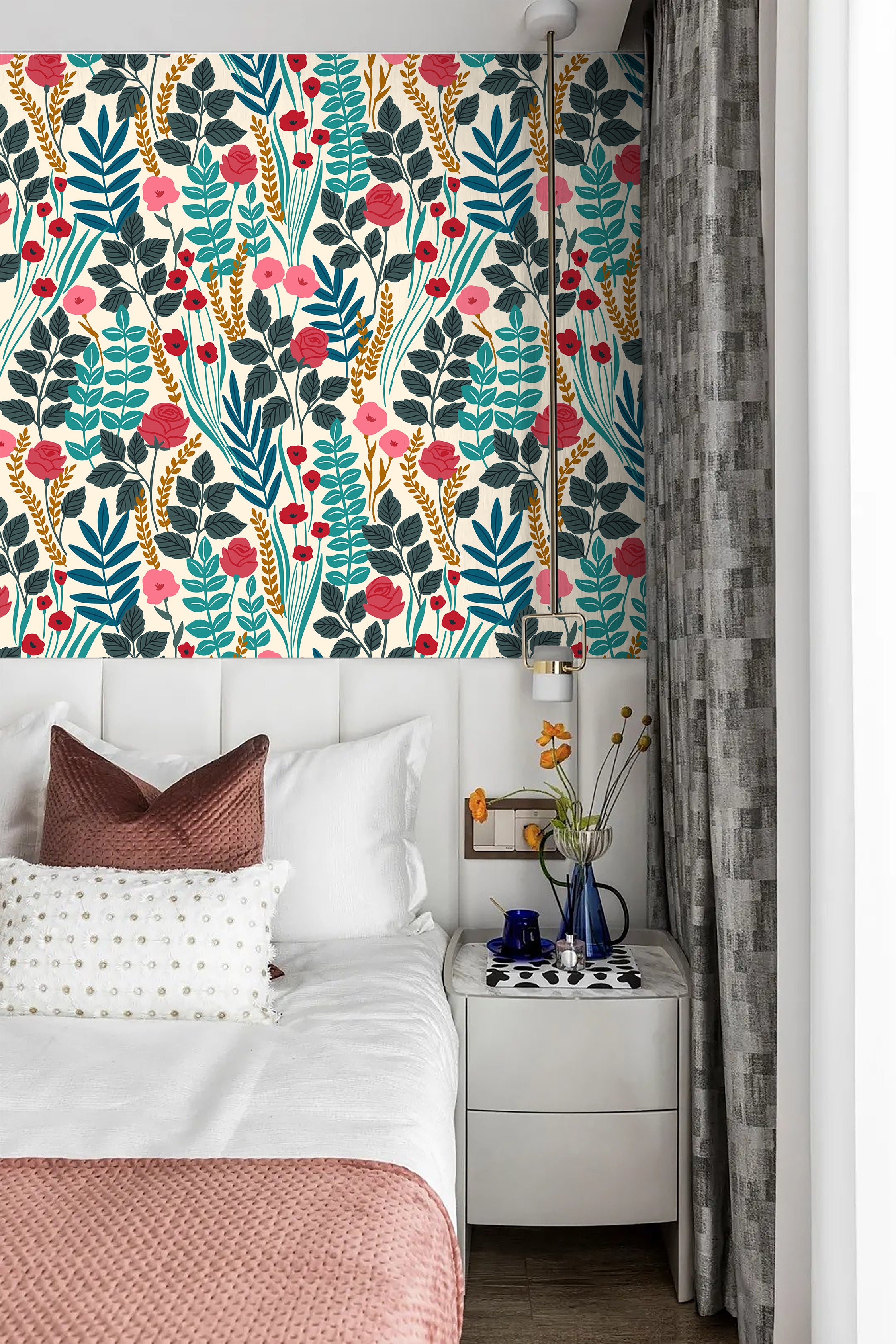 HaokHome Wallpaper Peel and Stick Floral Botanical Design Bright Modern Wall Decor for Living Room, Bedroom, or Nursery