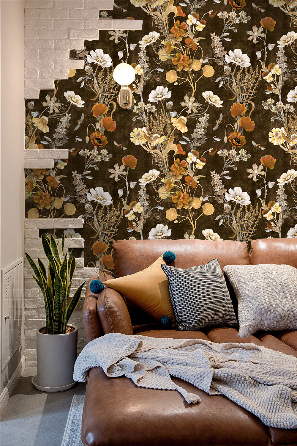 HaokHome Vintage Floral Wallpaper with Dark Brown Background Cozy Nature-Inspired Home Décor