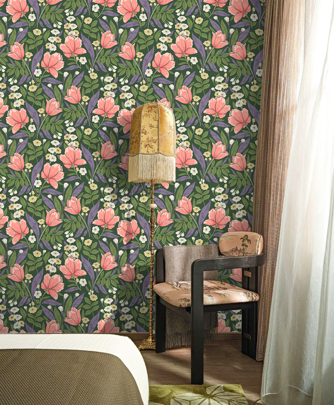 HaokHome Dark Green Coral Tulip Botanical Removable Self‑Adhesive Wall Covering, Moody Floral Peel and Stick Wallpaper