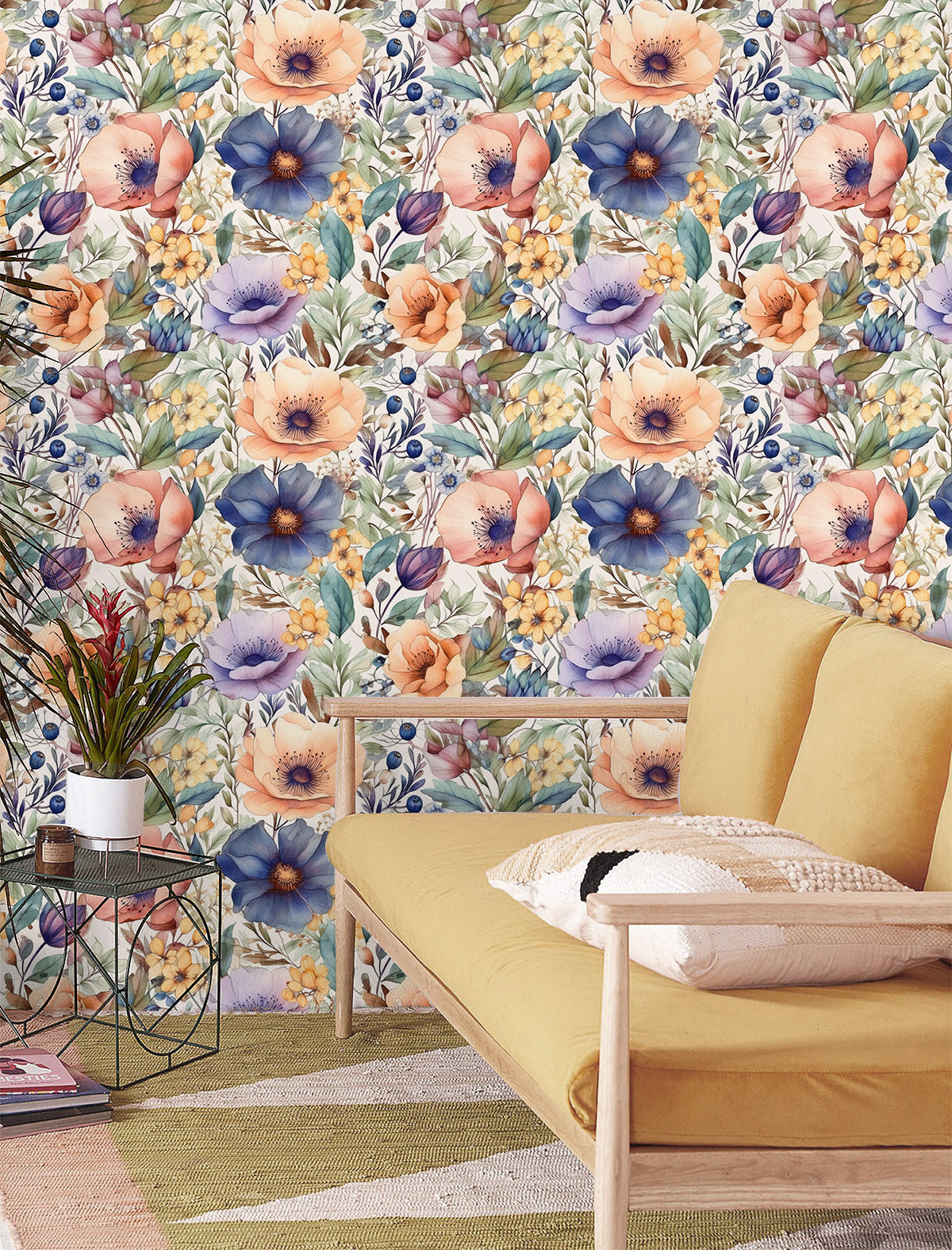 HaokHome Vintage Watercolor Mixed Large Floral Removable Wall Covering