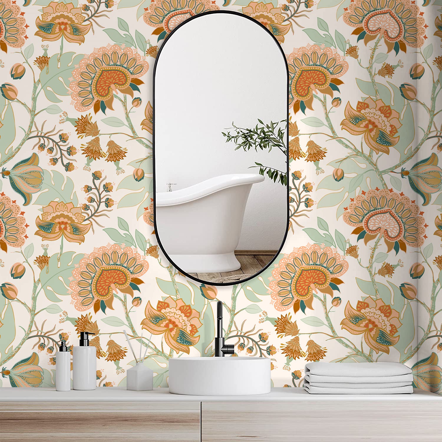 HaokHome Boho Wallpaper Vintage Chomper Flower Peel and Stick Wall Paper for Home Decor Countertops Cabinets
