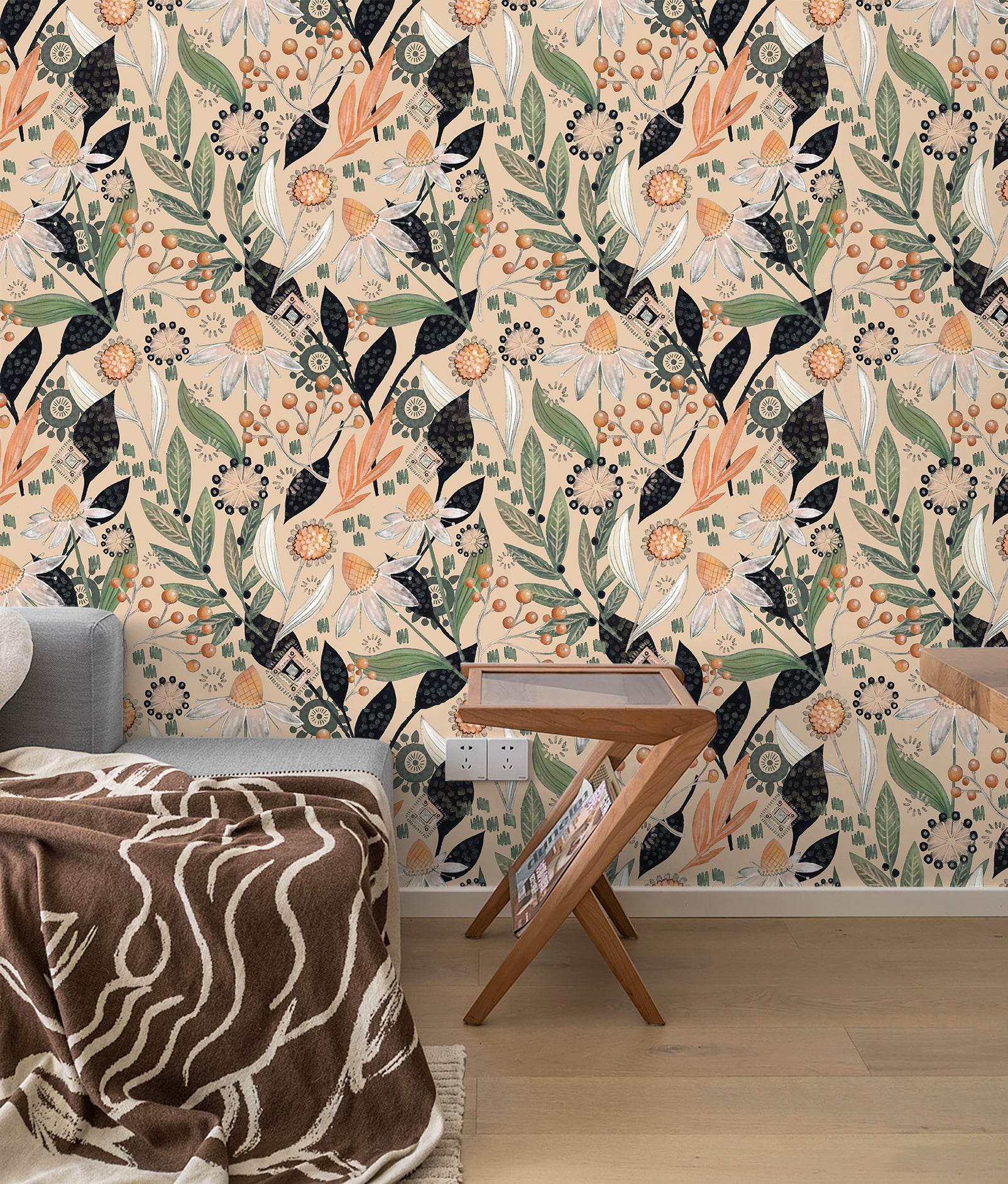 HaokHome Wallpaper Peel and Stick Botanical Floral Beige/Green/Orange Retro Wall Decor Removable Mural for Bedroom & Living Room