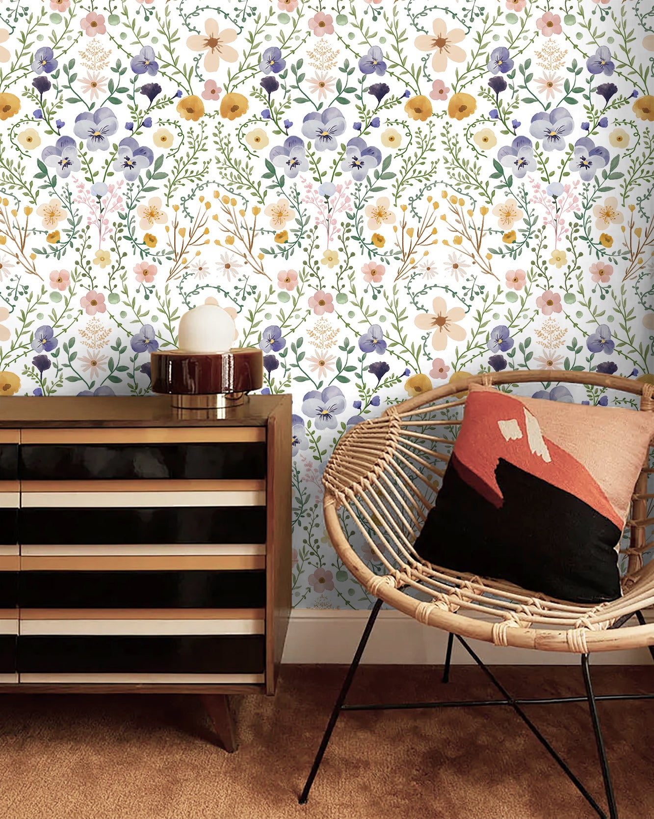 HaokHome Peel and Stick Wallpaper White Watercolor Pansy Wildflower Wall Mural Removable Self Adhesive Soft Cottage Floral Wallpaper