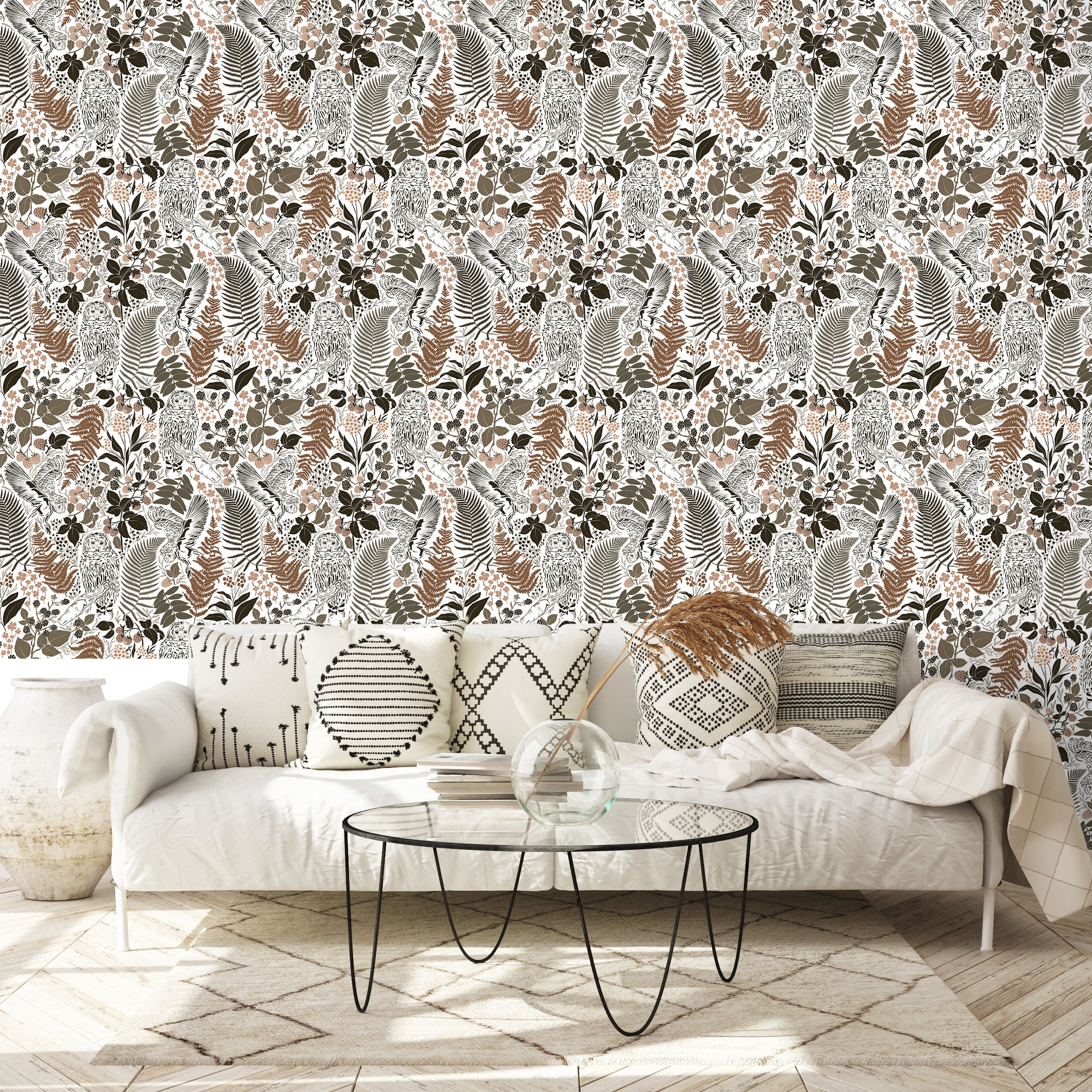 HaokHome Owls Peel & Stick Wallpaper Boho Removable Wall Paper Brown/Charcoal/White Tropical Textured Stick on Contact Paper for Bathroom Decoration