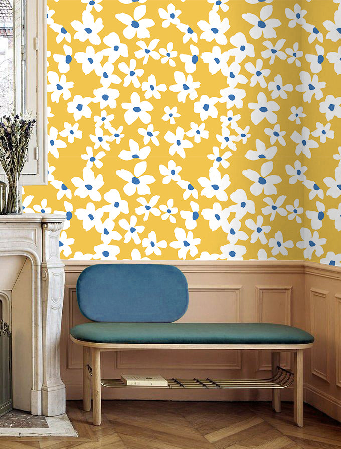 Mustard Daisy Floral Wall Mural – Retro Cottage Wallpaper
