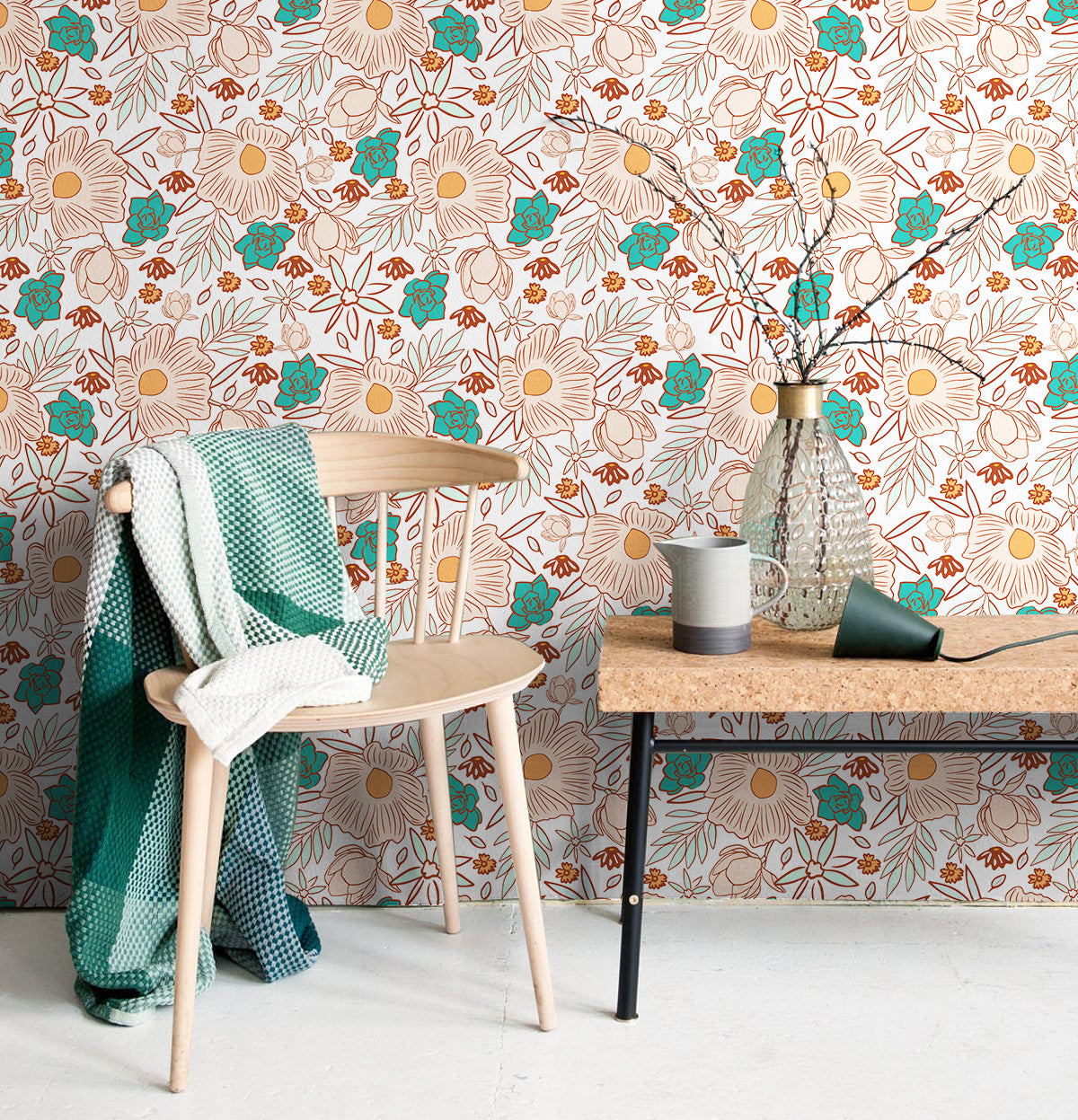 HaokHome Earthy and Aqua Tones Playful Floral Line Art Wallpaper