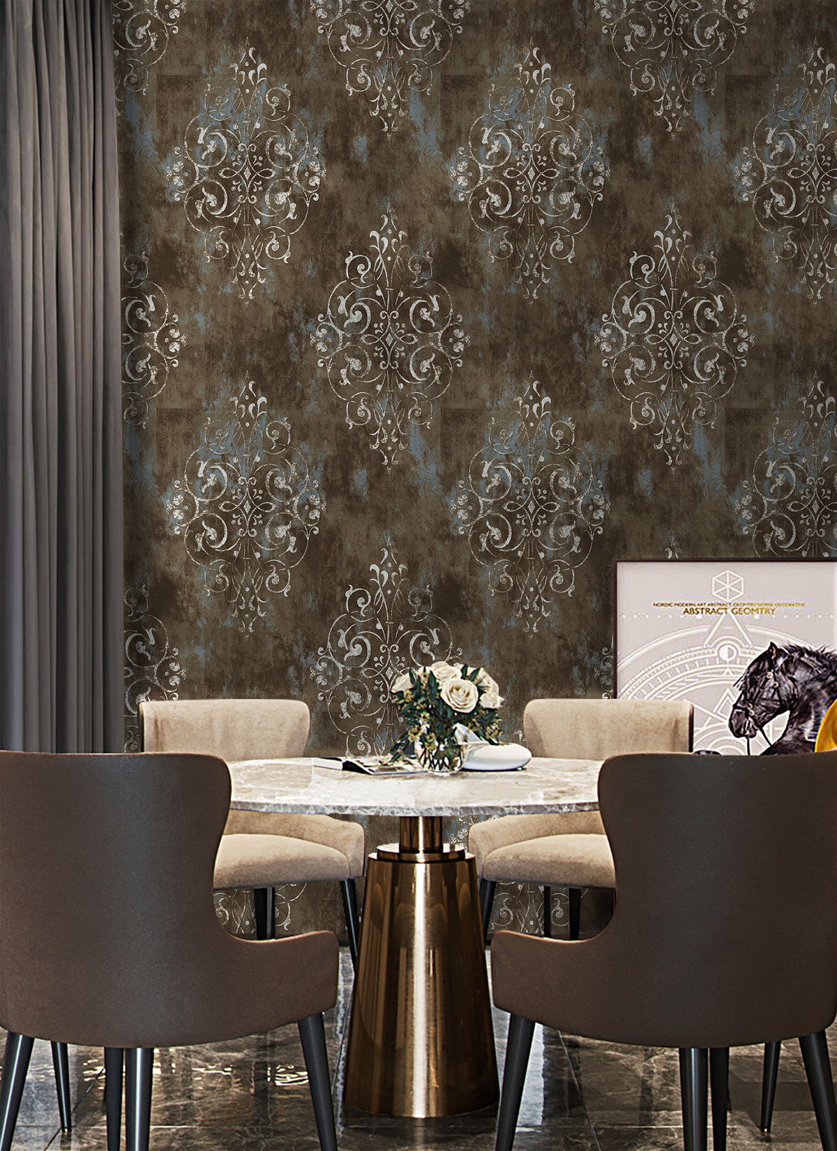 HaokHome Damask Wallpaper Peel and Stick Wallpaper Brown Vintage Wall Paper