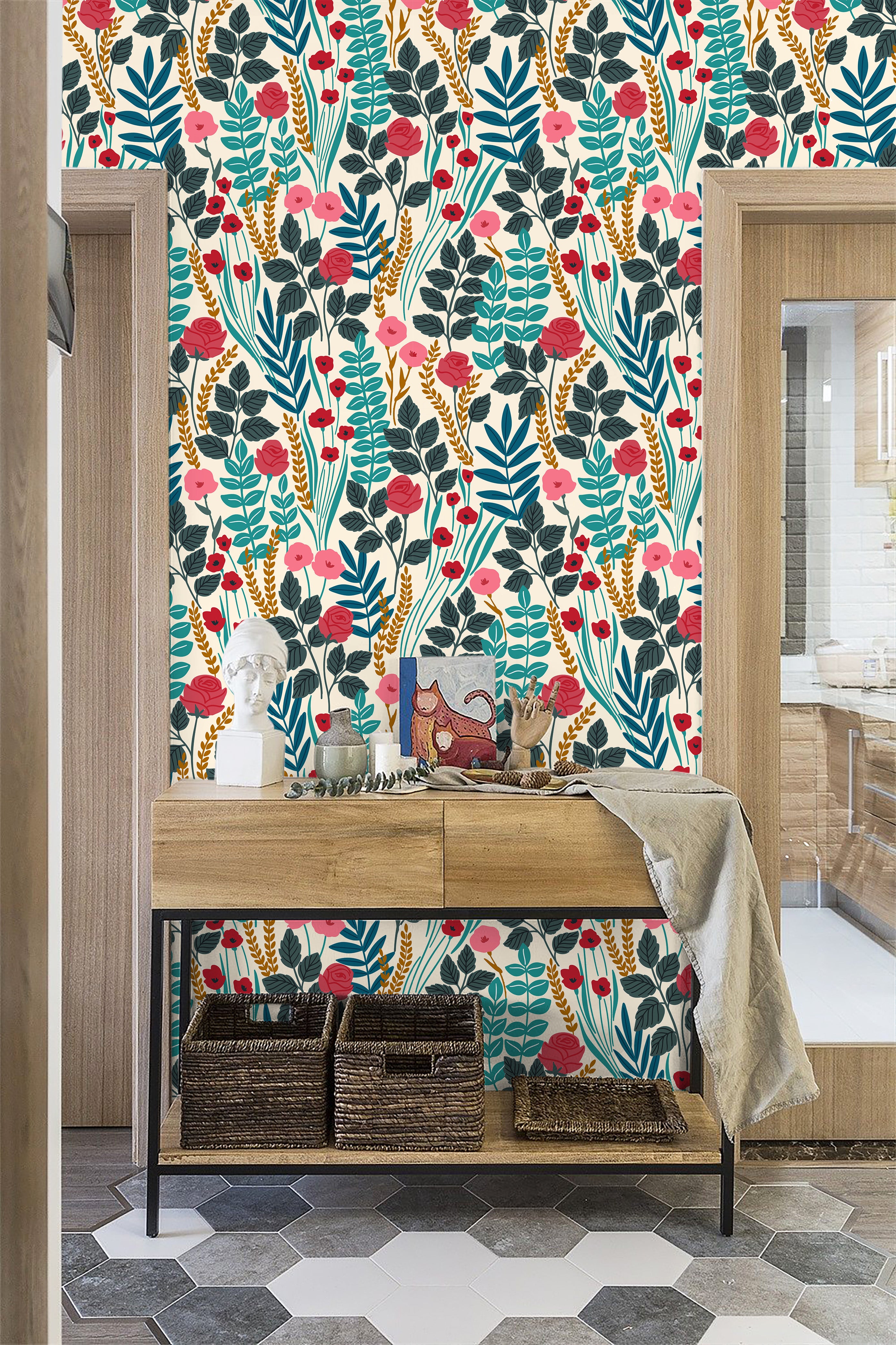HaokHome Wallpaper Peel and Stick Floral Botanical Design Bright Modern Wall Decor for Living Room, Bedroom, or Nursery