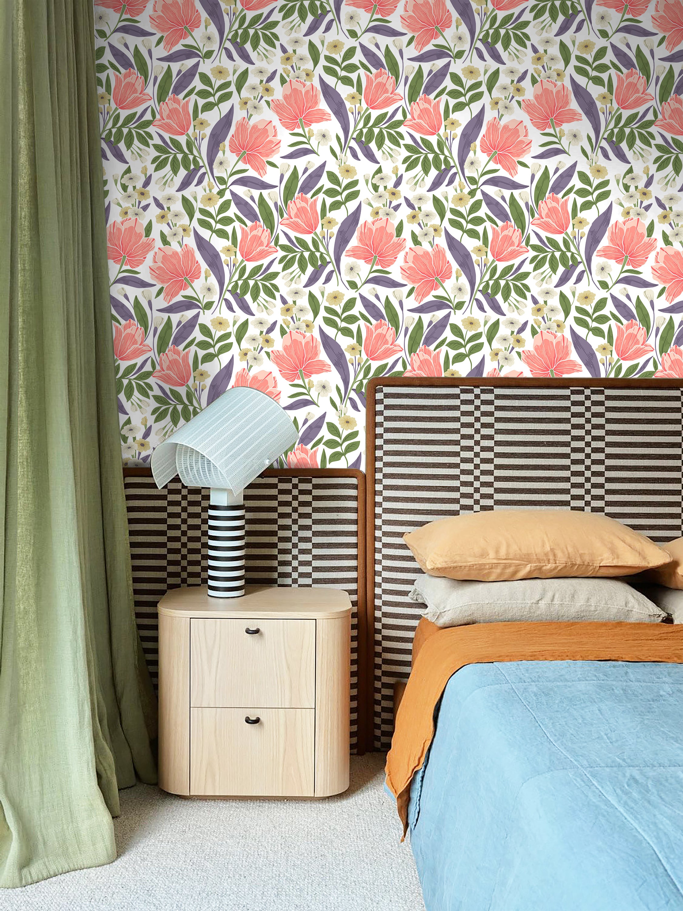 HaokHome Coral Tulip Botanical Removable Self‑Adhesive Wall Covering, Cream Base Vintage Floral Peel and Stick Wallpaper