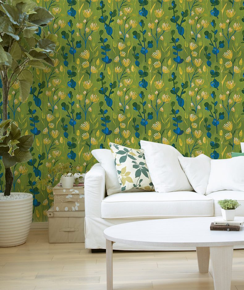 HaokHome Modern Abstract Botanical Peel and Stick Wallpaper, Green & Blue Whimsical Floral Removable Wallpaper for Home Decor