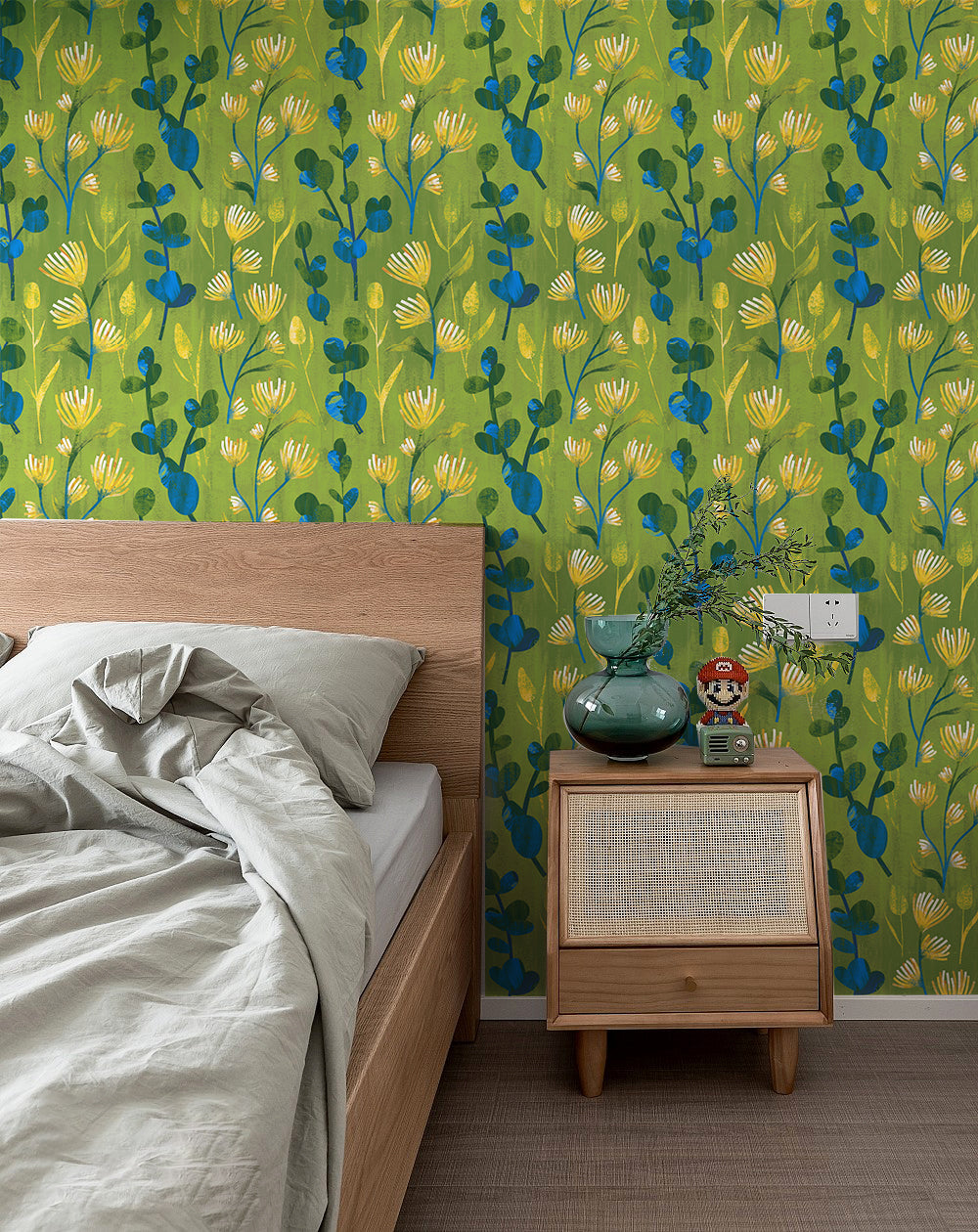 HaokHome Modern Abstract Botanical Peel and Stick Wallpaper, Green & Blue Whimsical Floral Removable Wallpaper for Home Decor