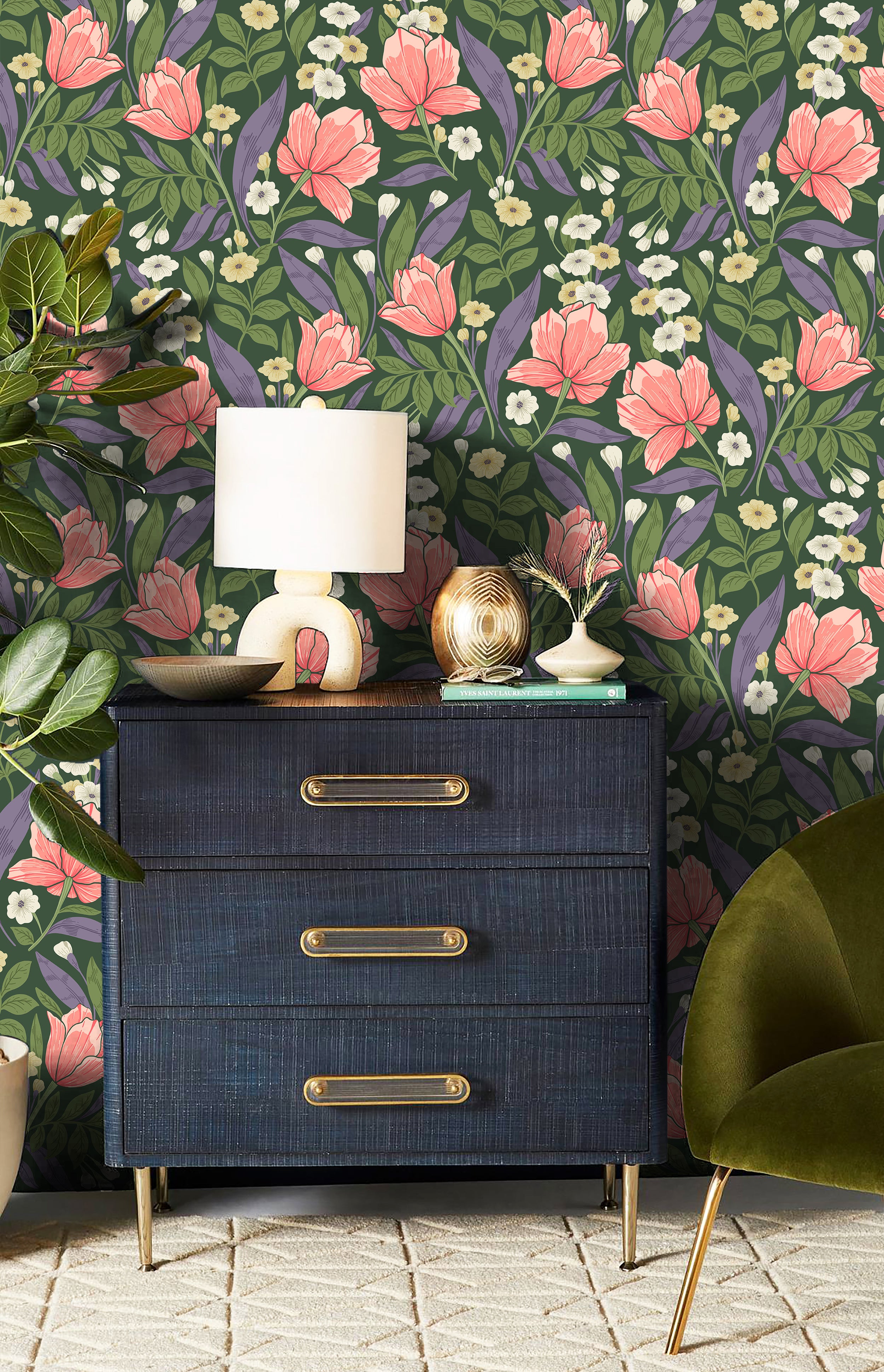 HaokHome Dark Green Coral Tulip Botanical Removable Self‑Adhesive Wall Covering, Moody Floral Peel and Stick Wallpaper