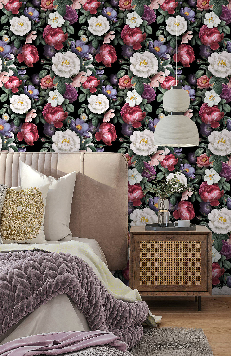 HaokHome Floral Peel and Stick Wallpaper Removable Vintage Wall Paper Black/Green/Pink Vinyl Self Adhesive Wall Mural