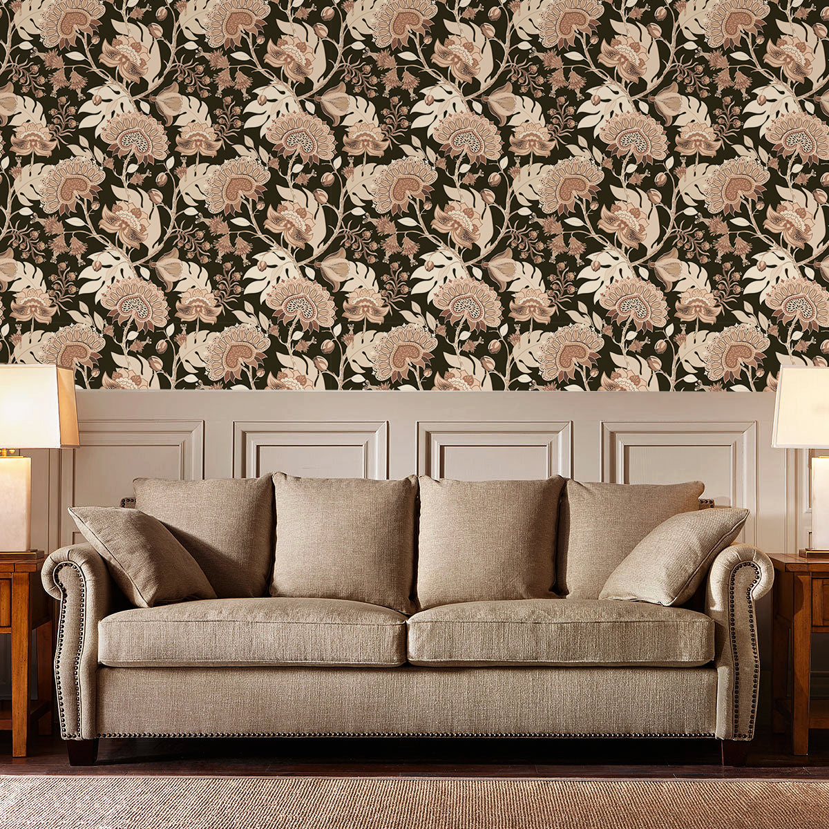 HaokHome Vintage Exotic Floral Peel and Stick Wallpaper – Neutral Beige Flowers on Dark Black Background