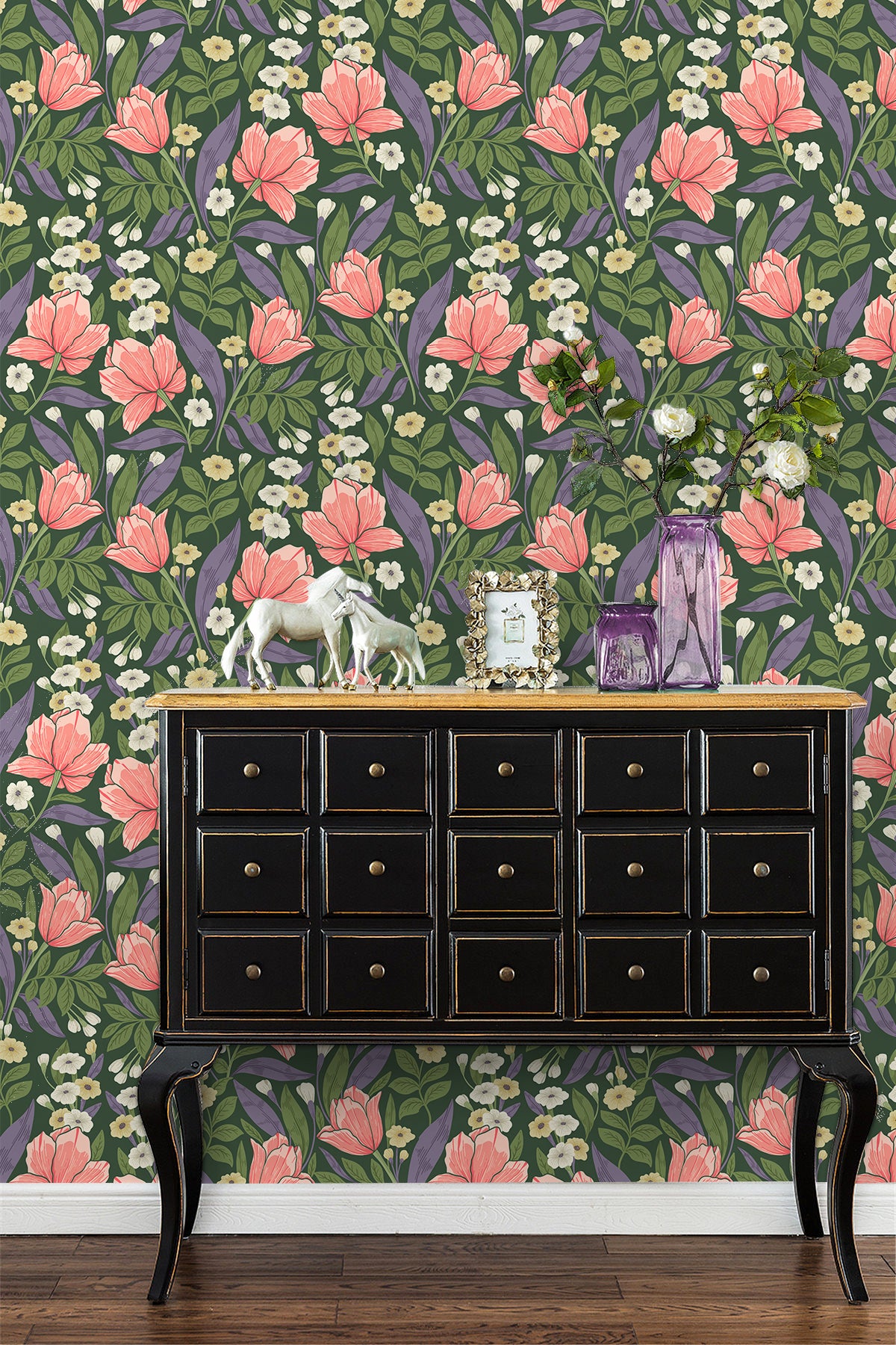HaokHome Dark Green Coral Tulip Botanical Removable Self‑Adhesive Wall Covering, Moody Floral Peel and Stick Wallpaper