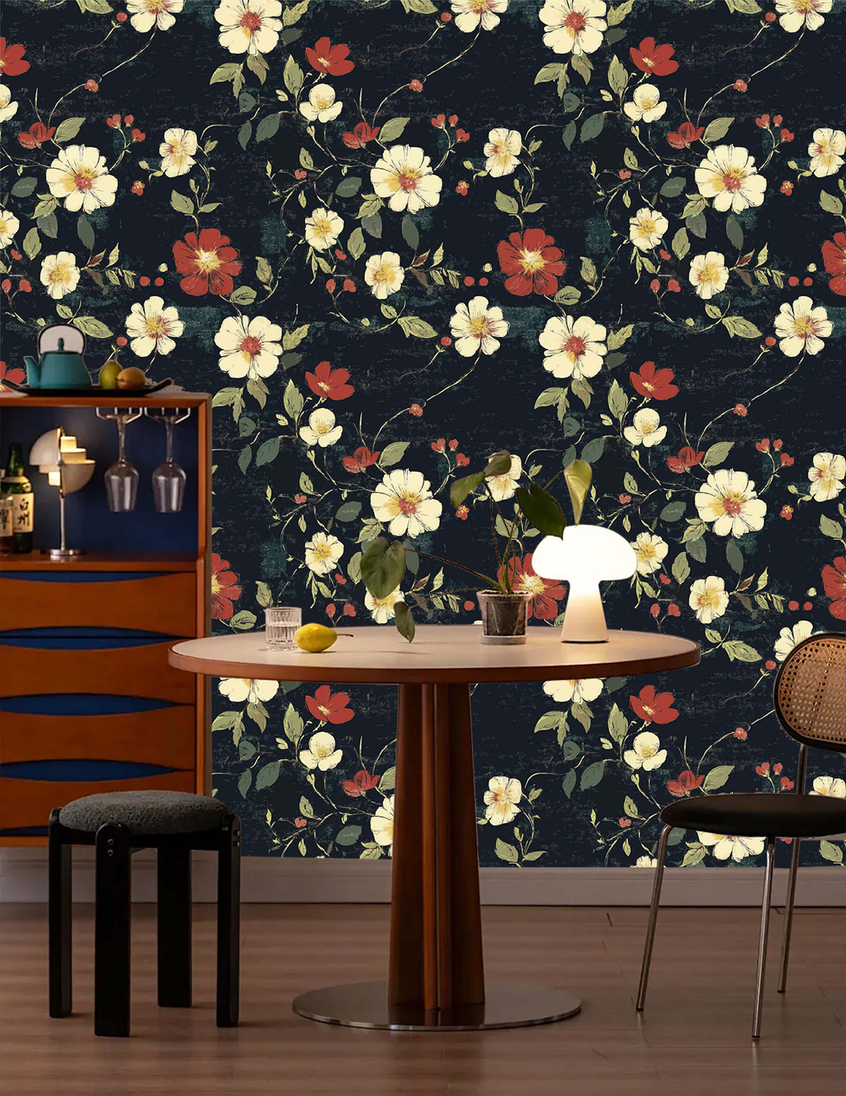 HaokHome Vintage Floral Wallpaper – Elegant Dark Floral Design with White and Red Blooms