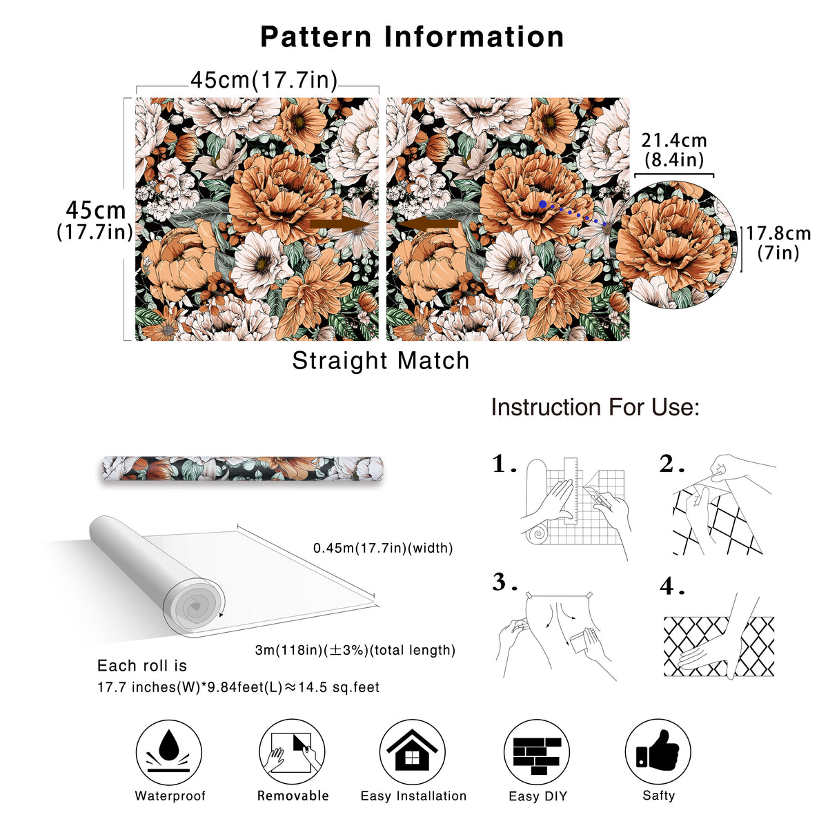 HaokHome Black Peel and Stick Wallpaper Vintage Peony Stick on Wall Paper Self Adhesive Mural for Home Decoration