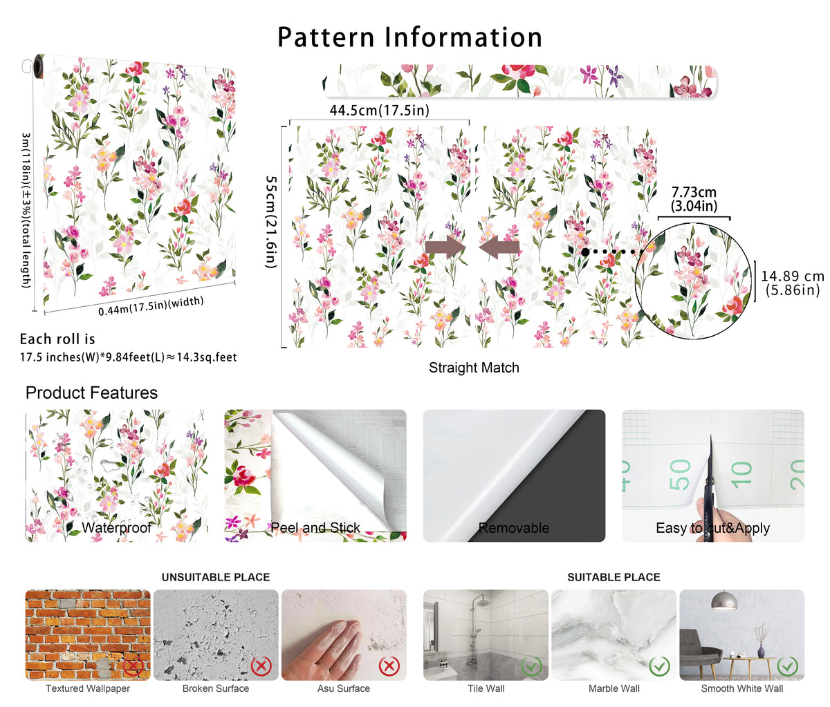 HaokHome Watercolor Wildflower Removable Self‑Adhesive Wall Covering, Pink Purple Botanical Peel and Stick Wallpaper