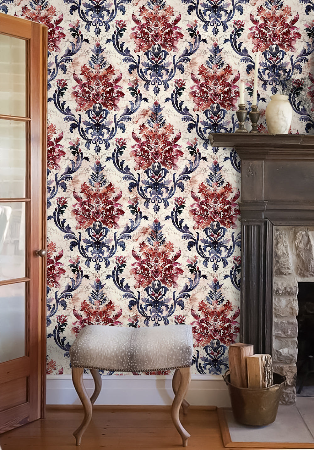 HaokHome Watercolor Damask Wallpaper – Elegant Burgundy, Navy Blue & Cream Floral Design for Living Room & Bedroom