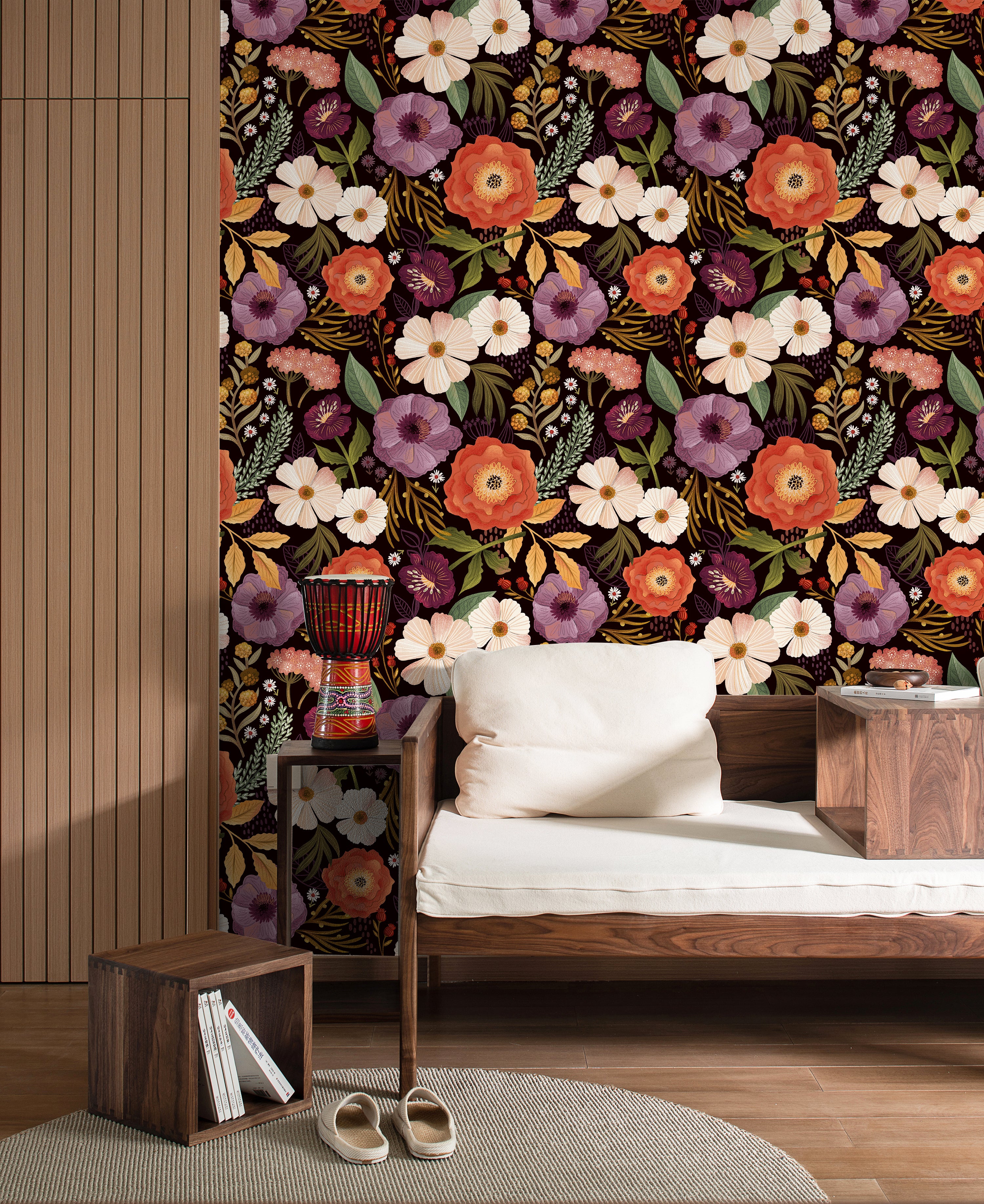 HaokHome Floral Pattern Wallpaper – Elegant Poppies, Daisies, and Leaves on Deep Burgundy Background