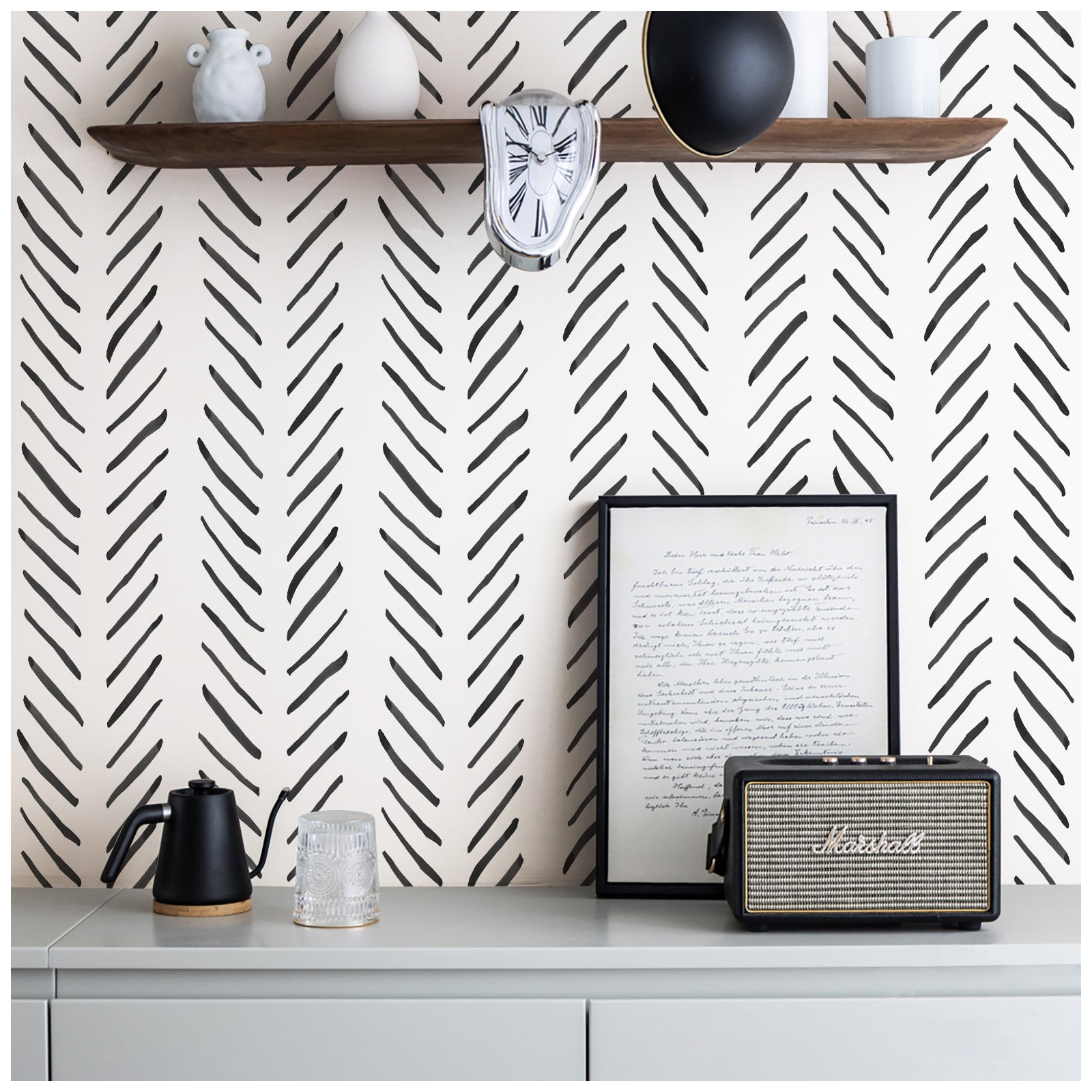 HaokHome Boho Peel and Stick Wallpaper Stripes Removable Black/White Chevron Vinyl Self Adhesive Mural Contact Paper
