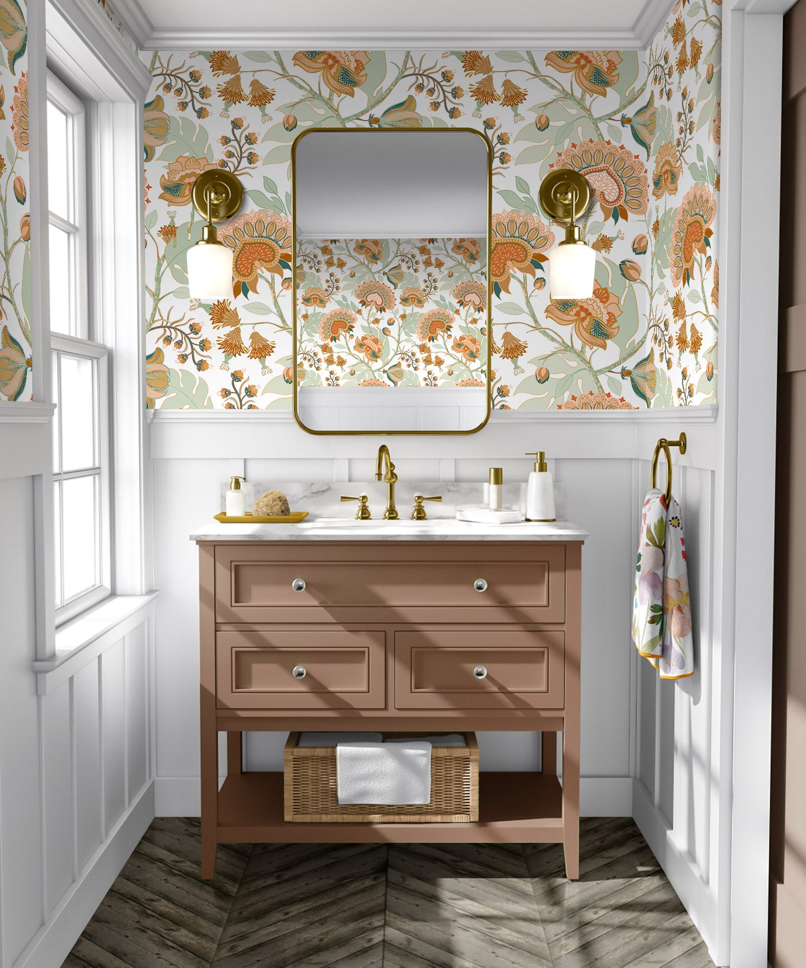 HaokHome Boho Wallpaper Vintage Chomper Flower Peel and Stick Wall Paper for Home Decor Countertops Cabinets