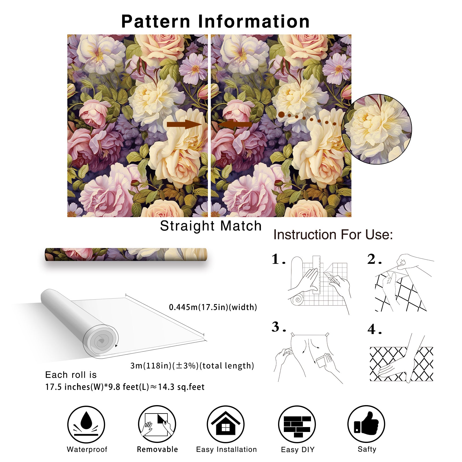 HaokHome Wallpaper Peel and Stick Floral Watercolor Wall Decor in Pink, White & Yellow Roses Removable Mural