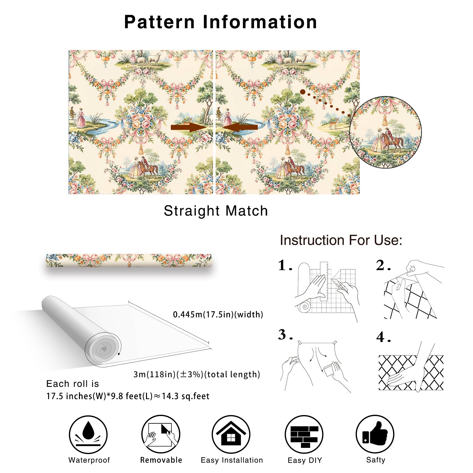 HaokHome Vintage French Pastoral Peel and Stick Wallpaper, Elegant Floral & Equestrian Scenic Removable Self Adhesive Wallpaper, Soft Muted Tone