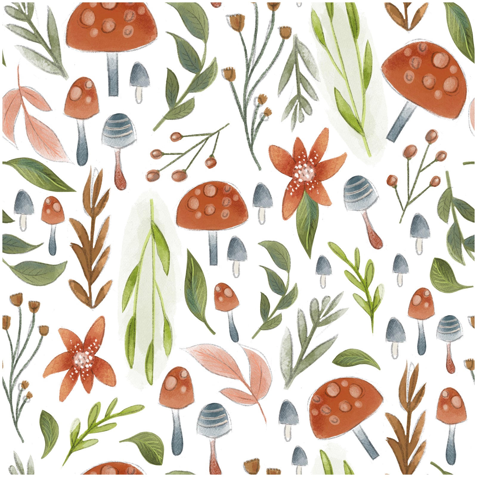 watercolor mushroom peel and stick wallpaper、whimsical forest botanical wallpaper、nursery mushroom removable wallpaper、boho woodland peel and stick wallpaper