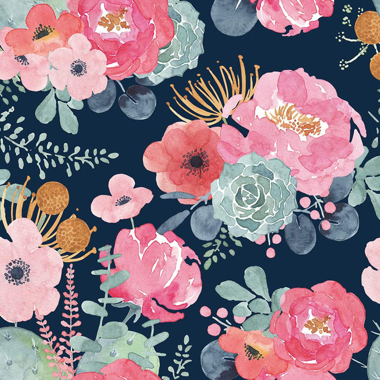 Cute Watercolor Peony and Cactus Wallpaper Navy/Pink/Green