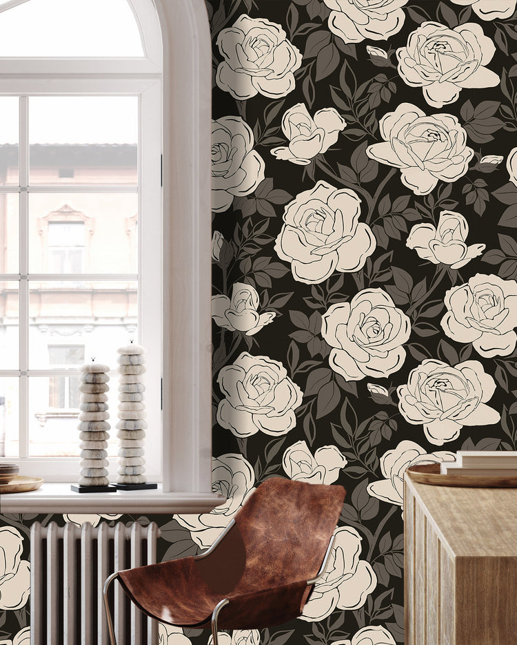 Floral Wallpaper Peel and Stick Retro Rose Removable Contact Wall Paper Black and Beige