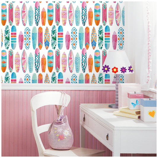 Peel and Stick Wallpaper Surfboard Colorful Trellis Mural Removable Contact Paper, Fun Patterned Modern Wallpaper