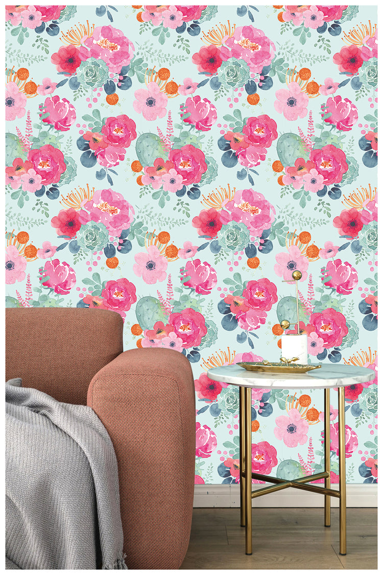 Green Peony Floral Peel and Stick Wallpaper Removable Vinyl Decor