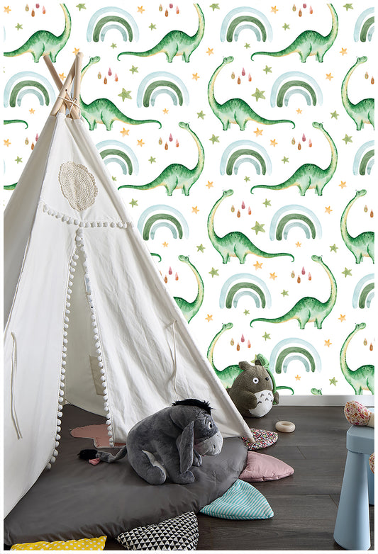 Cute Dinosaur Peel and Stick Wallpaper Rainbow Raindrop Removable Contact Paper for Kids Bedroom Nursery Decoration
